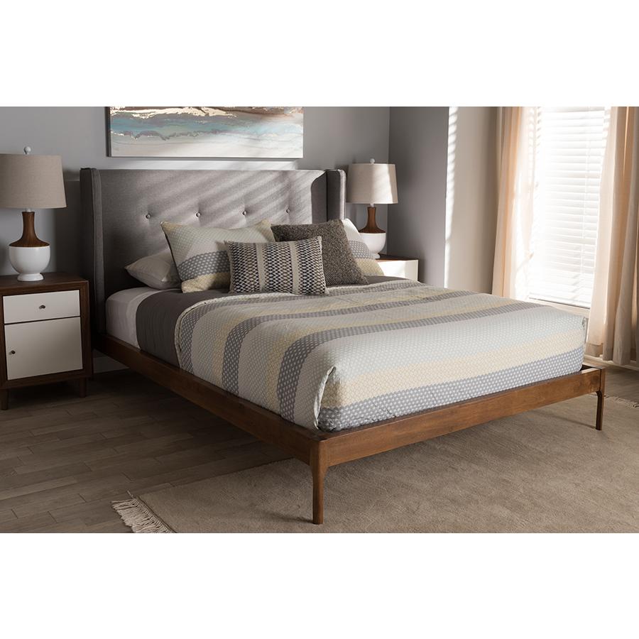 Brooklyn Mid-Century Modern Walnut Wood Grey Fabric King Size Platform Bed. Picture 8