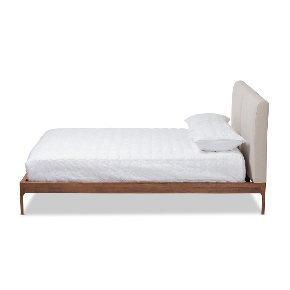 Beige Fabric Upholstered Walnut Finished Queen Size Platform Bed. Picture 12