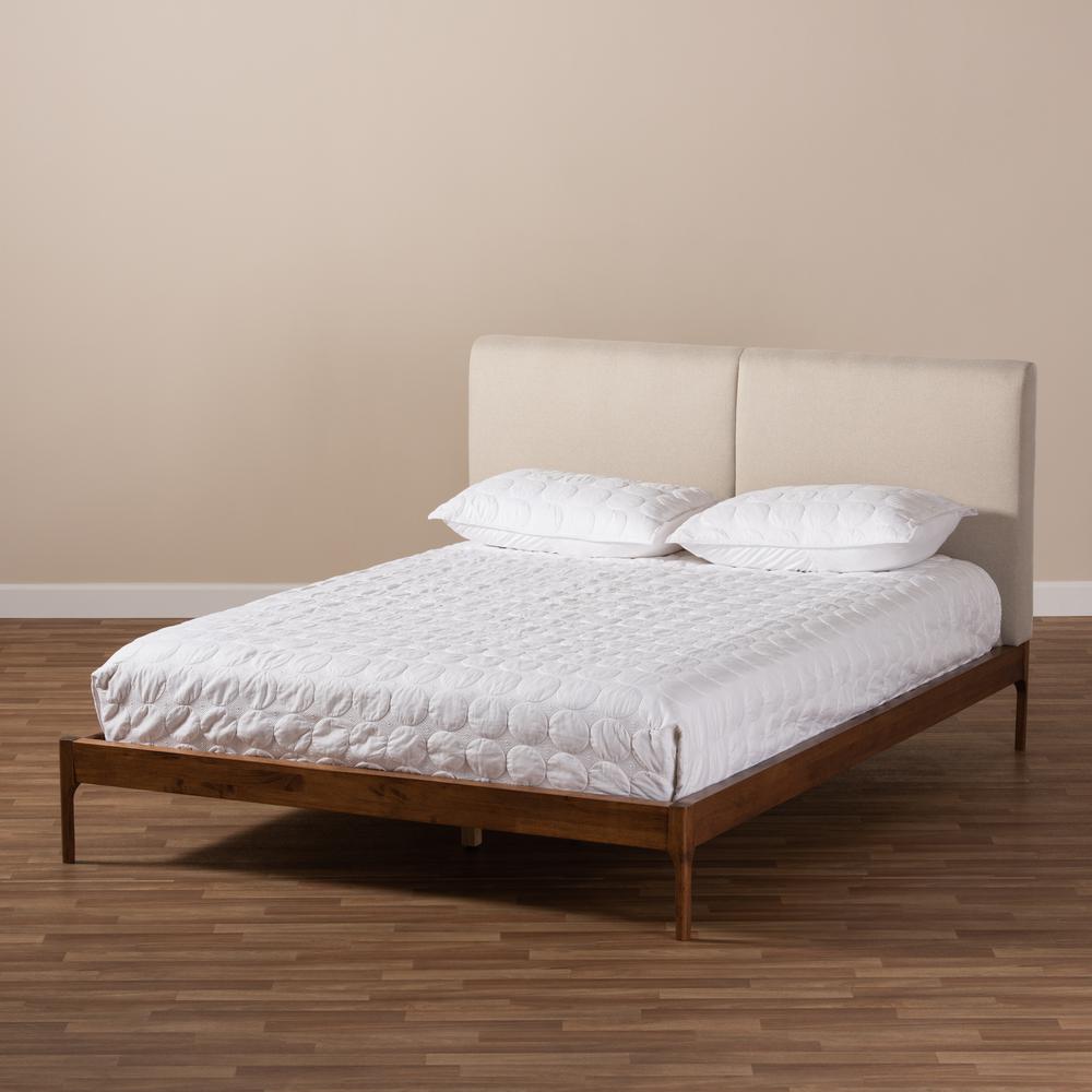 Beige Fabric Upholstered Walnut Finished Queen Size Platform Bed. Picture 17