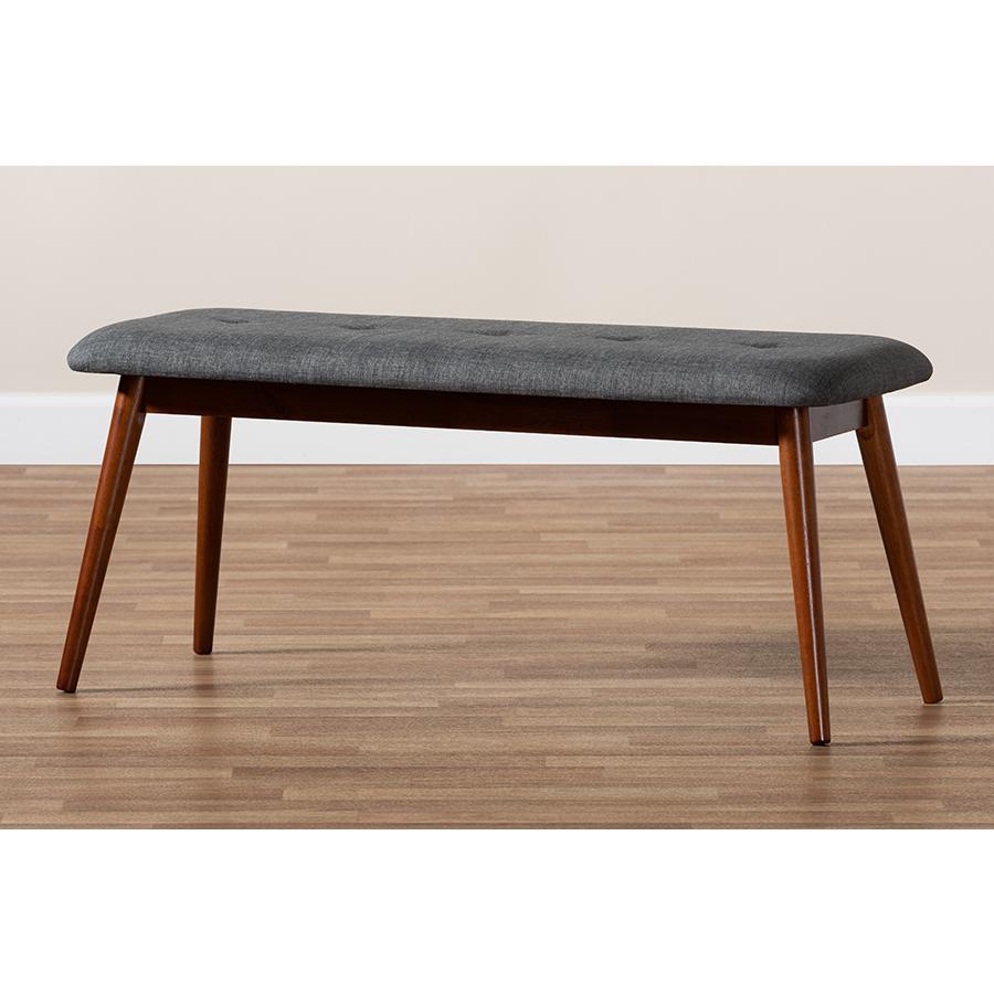 Dark Grey Fabric Upholstered Medium Oak Finished Wood Dining Bench. Picture 17