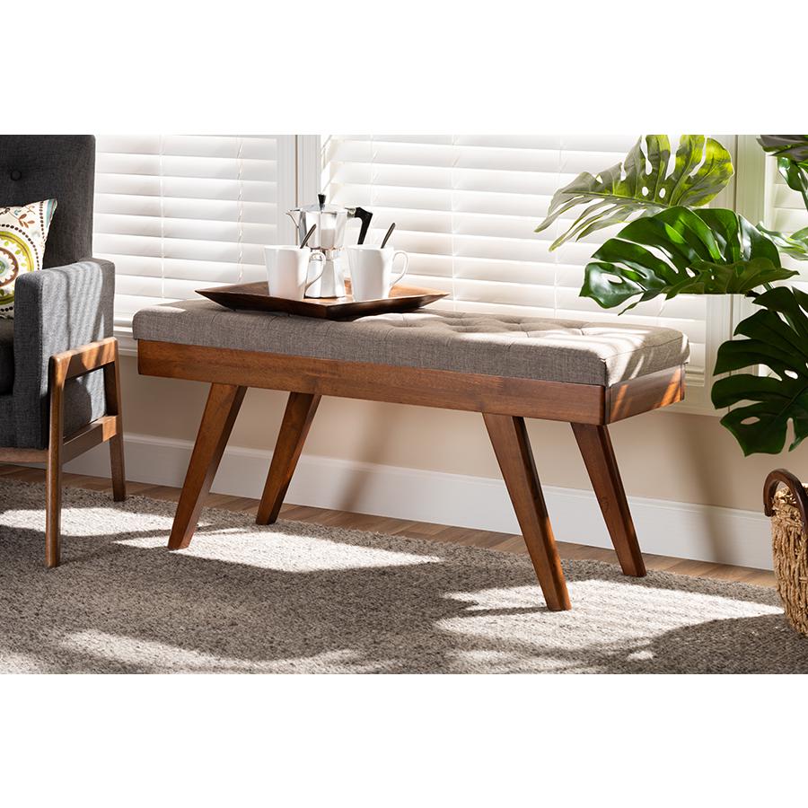 Alona Mid-Century Modern Light Grey Fabric Upholstered Wood Dining Bench. Picture 17