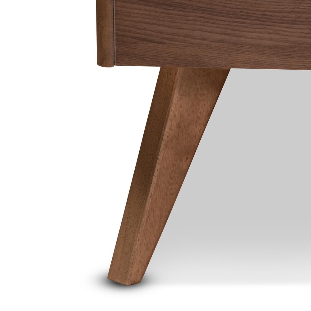 Demeter Mid-Century Modern Walnut Brown Finished Wood Queen Size Platform Bed. Picture 15