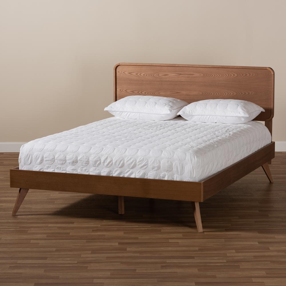 Demeter Mid-Century Modern Walnut Brown Finished Wood Queen Size Platform Bed. Picture 17