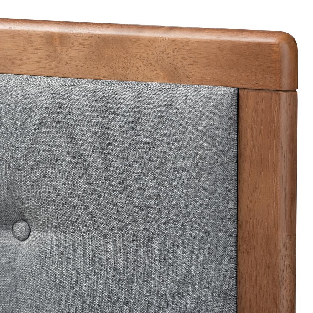 Dark Grey Fabric Upholstered Walnut Brown Finished Wood Queen Size Headboard. Picture 11