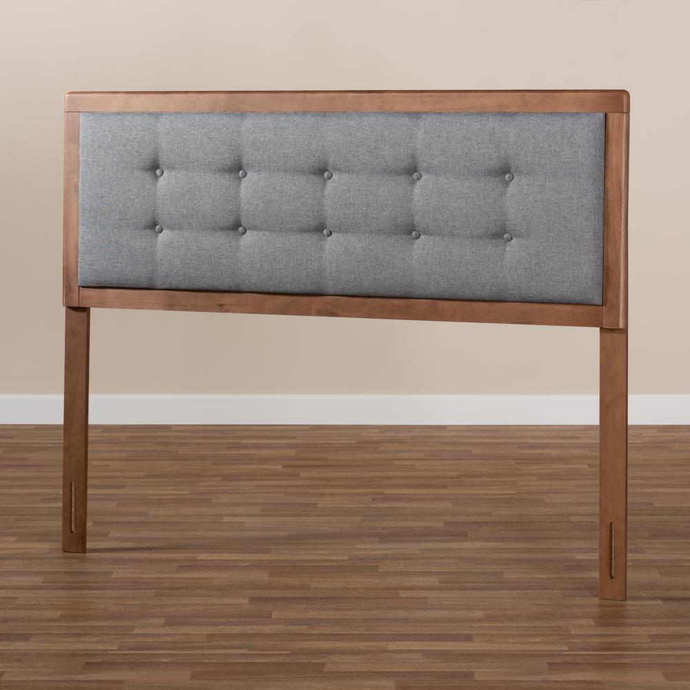 Dark Grey Fabric Upholstered Walnut Brown Finished Wood Queen Size Headboard. Picture 13