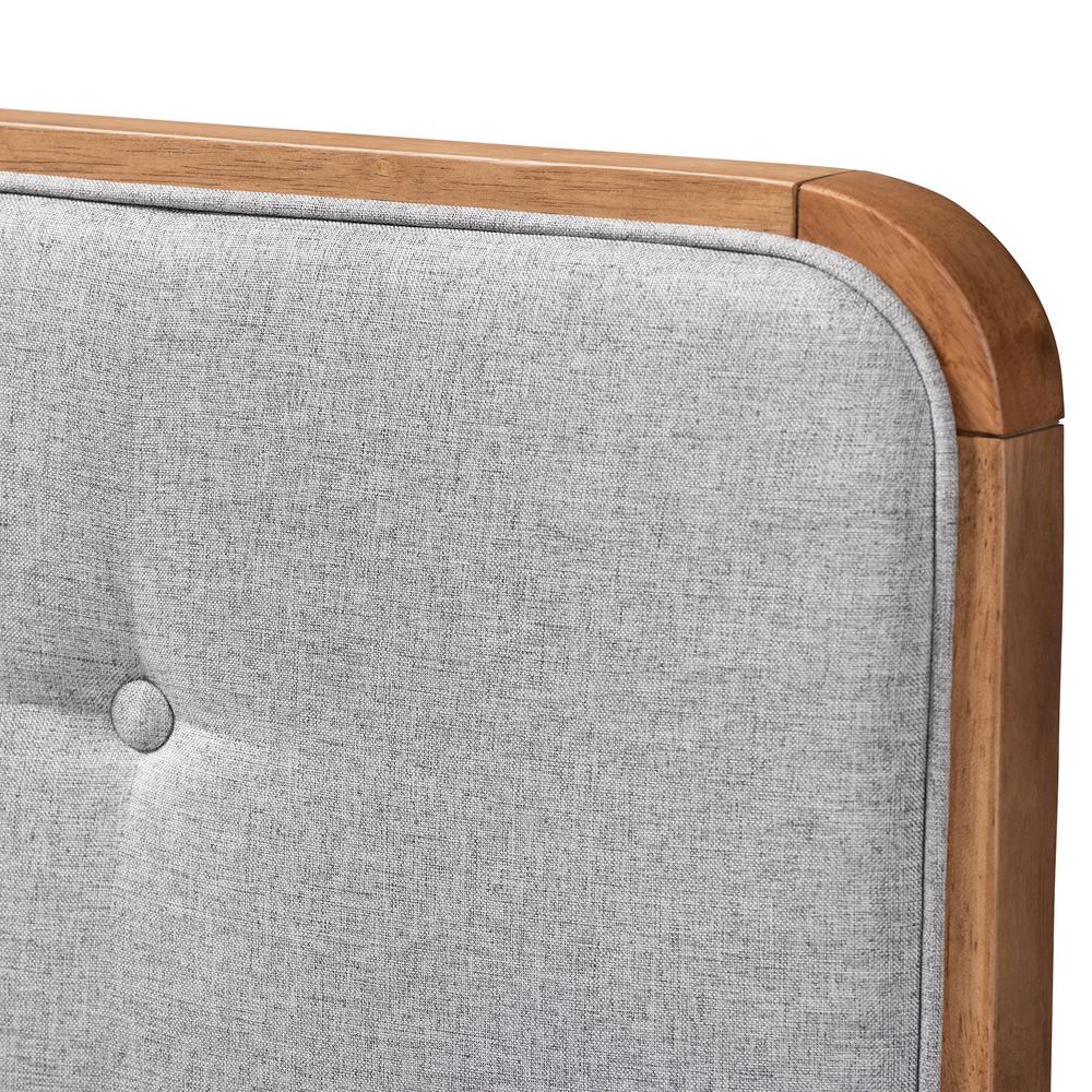 Light Grey Fabric Upholstered Walnut Brown Finished Wood Queen Size Headboard. Picture 11