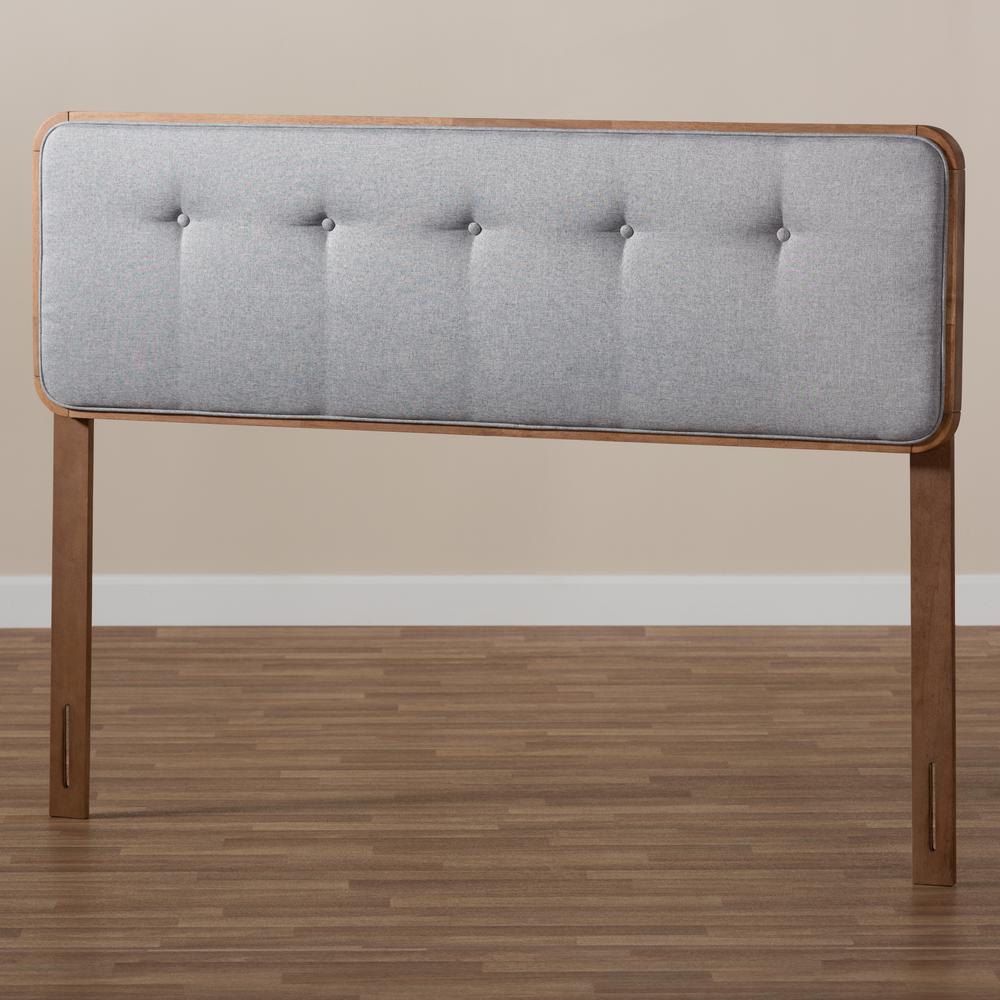 Light Grey Fabric Upholstered Walnut Brown Finished Wood Queen Size Headboard. Picture 13