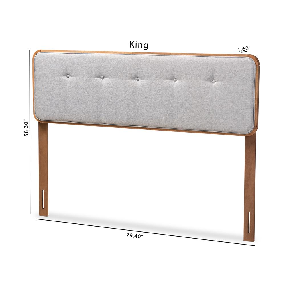 Light Grey Fabric Upholstered Walnut Brown Finished Wood Queen Size Headboard. Picture 16