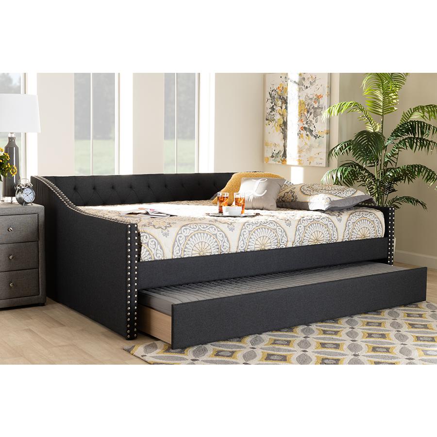 Dark Grey Fabric Upholstered Queen Size Daybed with Roll-Out Trundle Bed. Picture 10