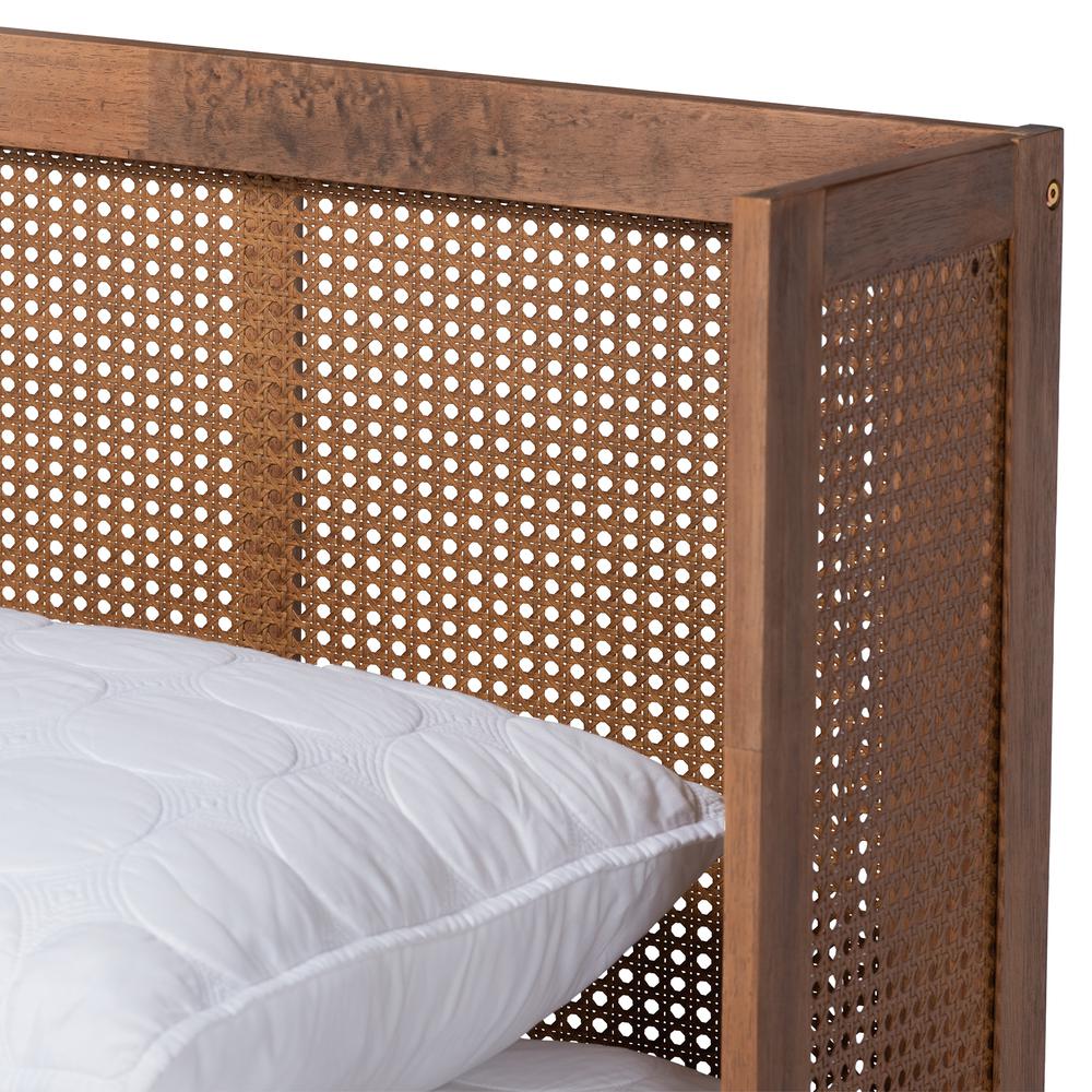 Baxton Studio Rina Mid-Century Modern Ash Wanut Finished Wood and Synthetic Rattan Queen Size Platform Bed with Wrap-Around Headboard. Picture 16