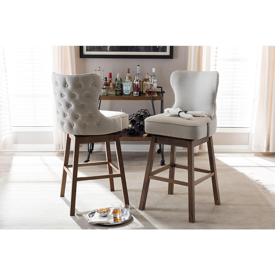 Light Beige Fabric Button-Tufted Upholstered 2-Piece Swivel Barstool Set. Picture 17