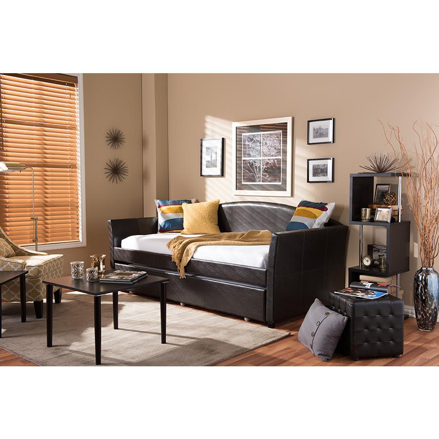 London Modern and Contemporary Brown Faux Leather Arched Back Sofa Twin Daybed. Picture 19