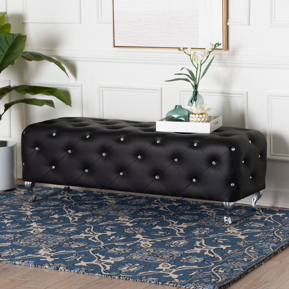 Baxton Studio Stella Crystal Tufted Black Leather Modern Bench. Picture 6