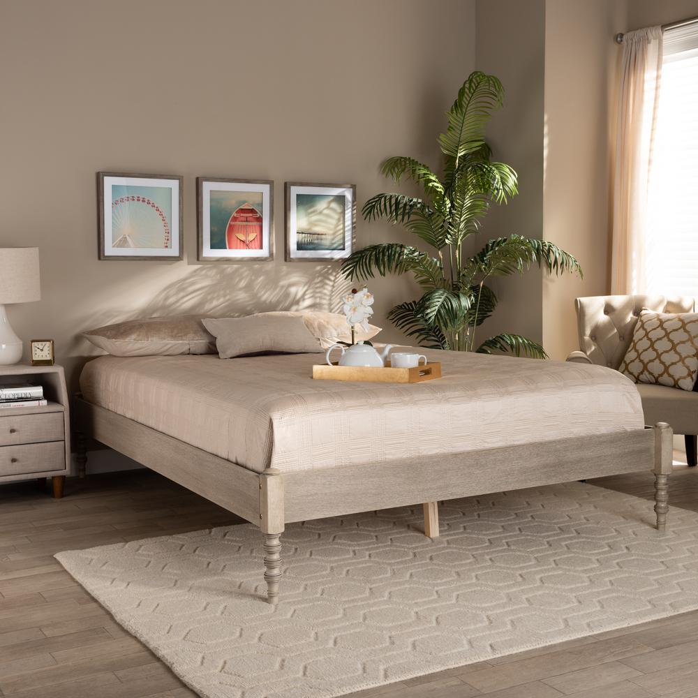 Bohemian Antique White Oak Finished Wood Queen Size Platform Bed Frame. Picture 14