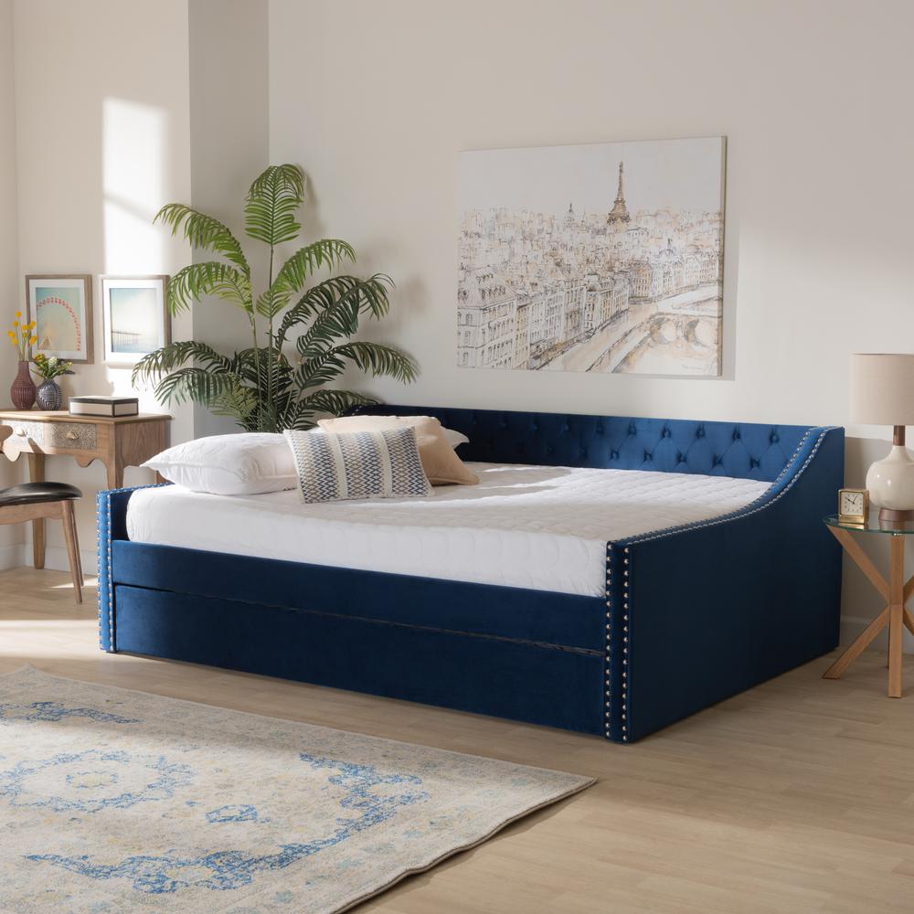Navy Blue Velvet Fabric Upholstered Queen Size Daybed with Trundle. Picture 20