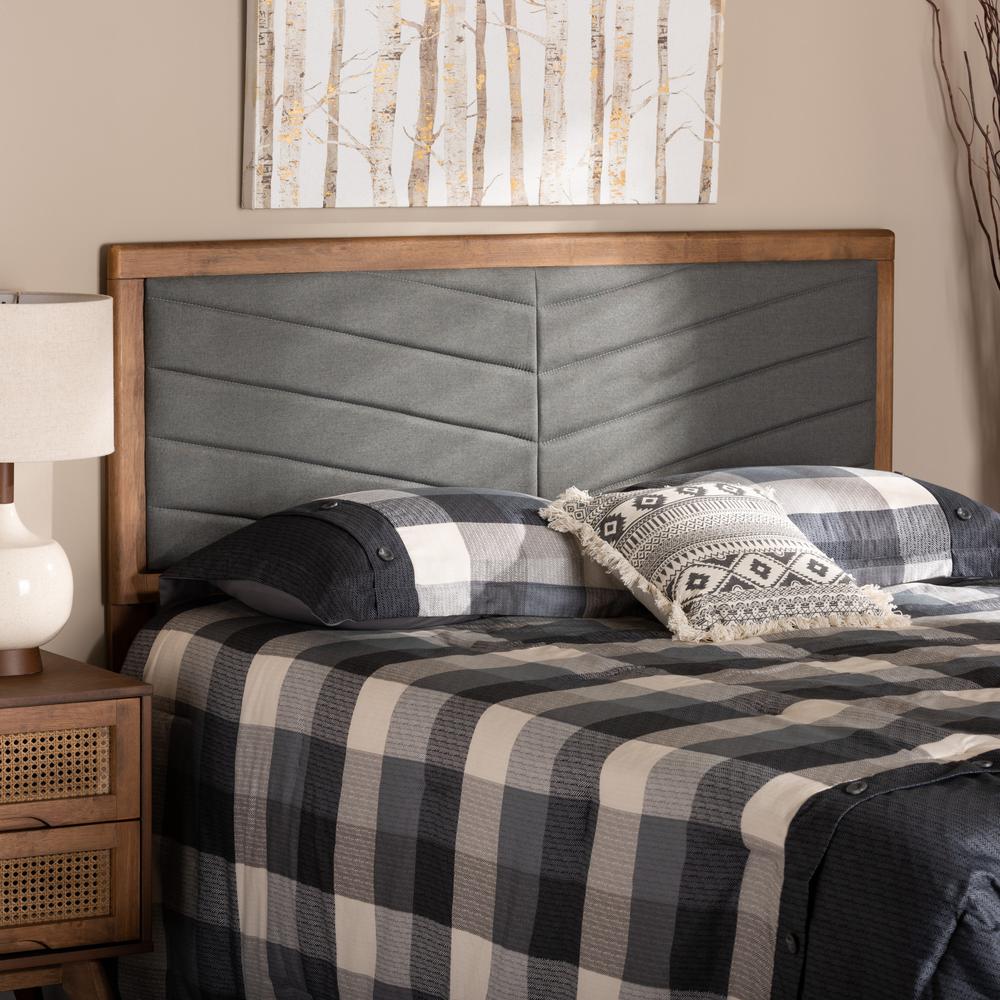 Dark Grey Fabric Upholstered and Walnut Brown Finished Wood King Size Headboard. Picture 13