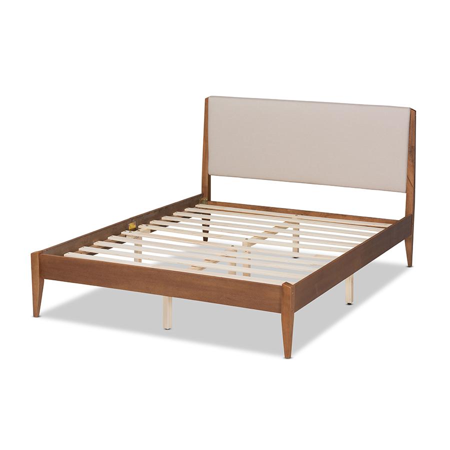 Beige Fabric Upholstered and Walnut Brown Finished Wood King Size Platform Bed. Picture 3