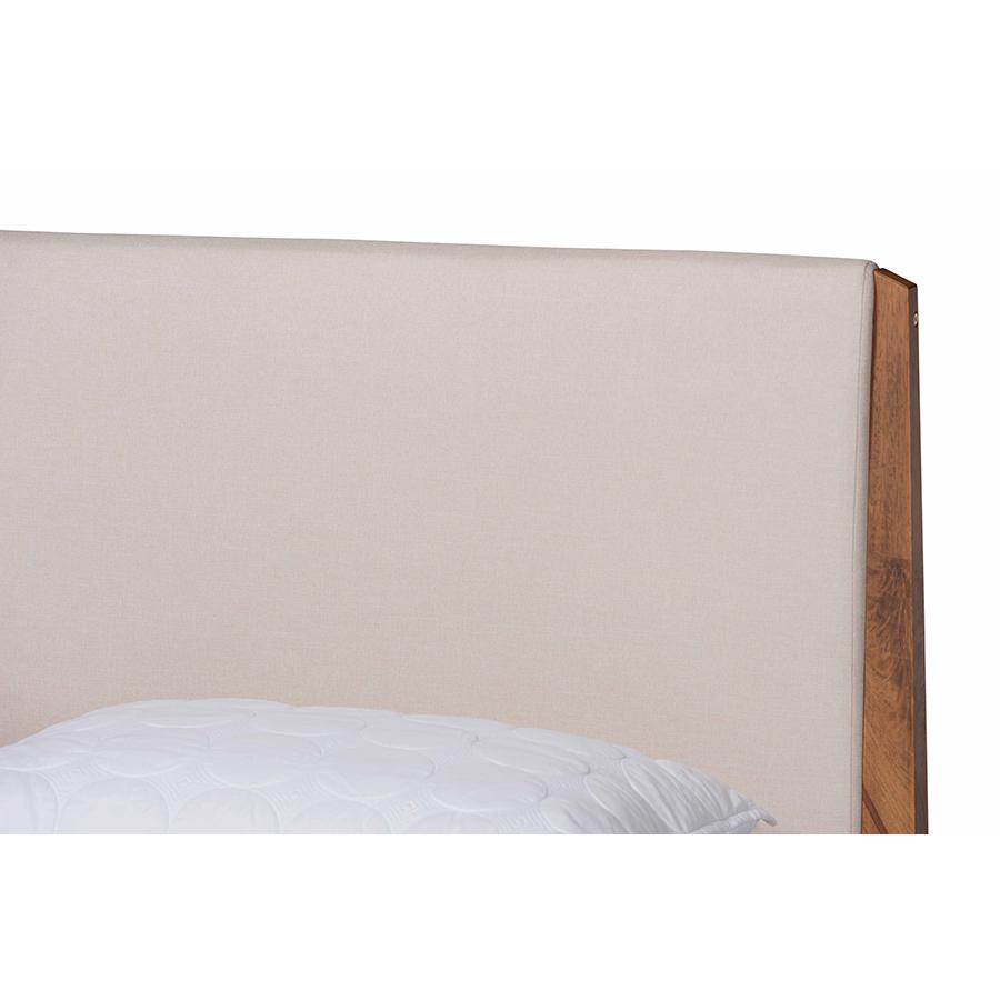 Beige Fabric Upholstered and Walnut Brown Finished Wood King Size Platform Bed. Picture 4