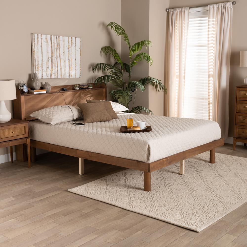Walnut Brown Finished Wood Queen Size Platform Bed with Charging Station. Picture 19