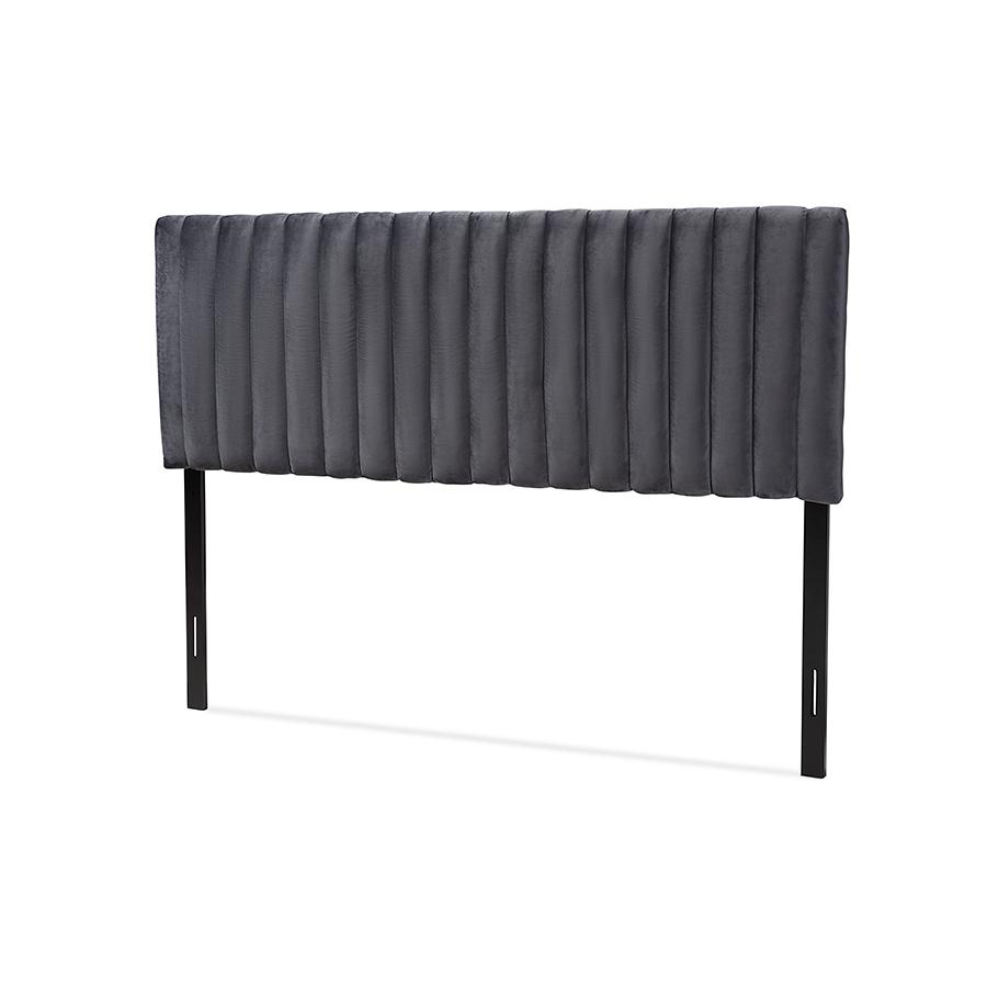 Grey Velvet Fabric Upholstered and Dark Brown Finished Wood Queen Size Headboard. Picture 1