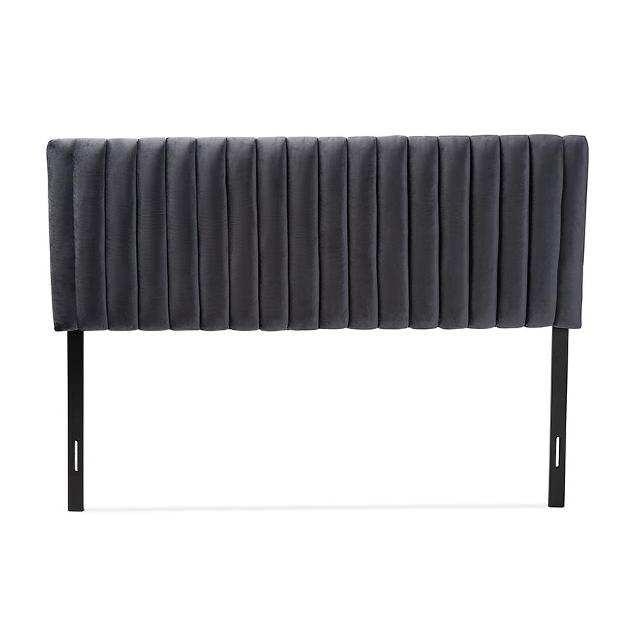 Grey Velvet Fabric Upholstered and Dark Brown Finished Wood Queen Size Headboard. Picture 2