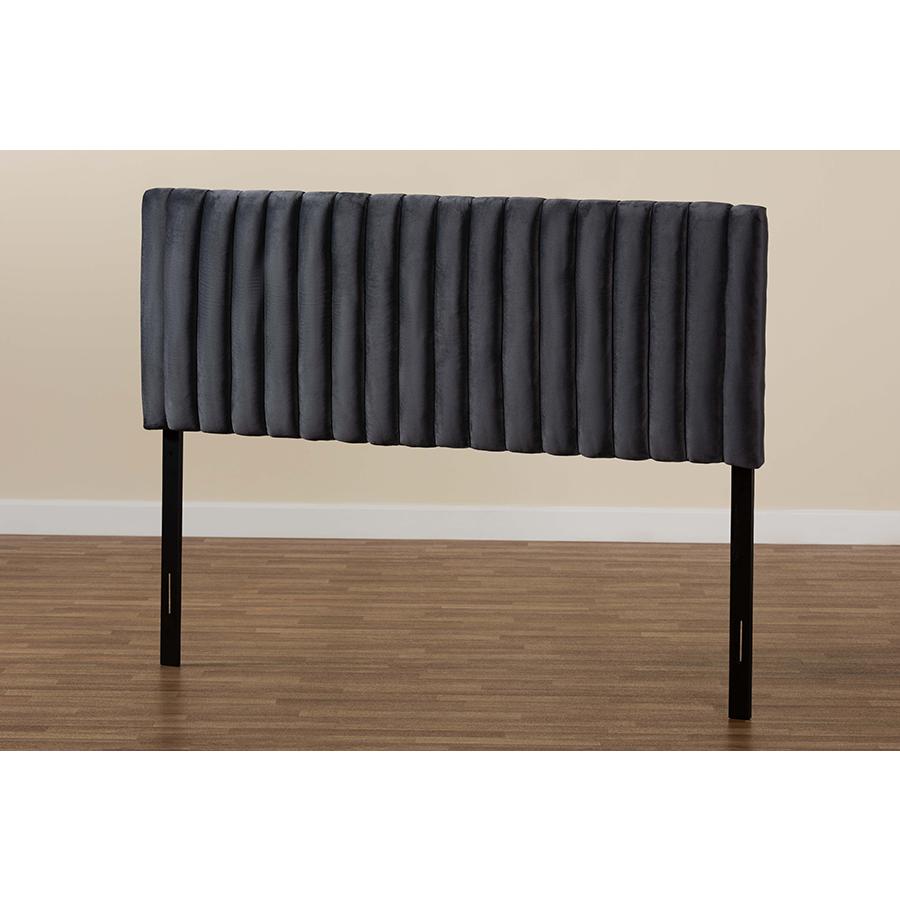 Grey Velvet Fabric Upholstered and Dark Brown Finished Wood Queen Size Headboard. Picture 5