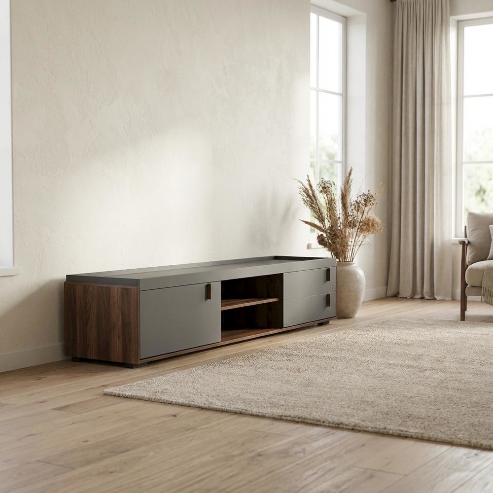 Gray and Walnut Two-Tone Wood TV Stand with Contemporary Style. Picture 3