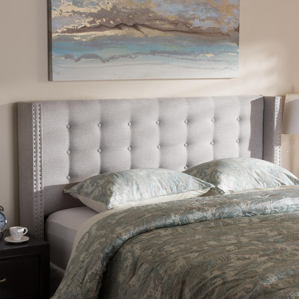 Greyish Beige Fabric Button-Tufted Nail head King Size Winged Headboard. Picture 10
