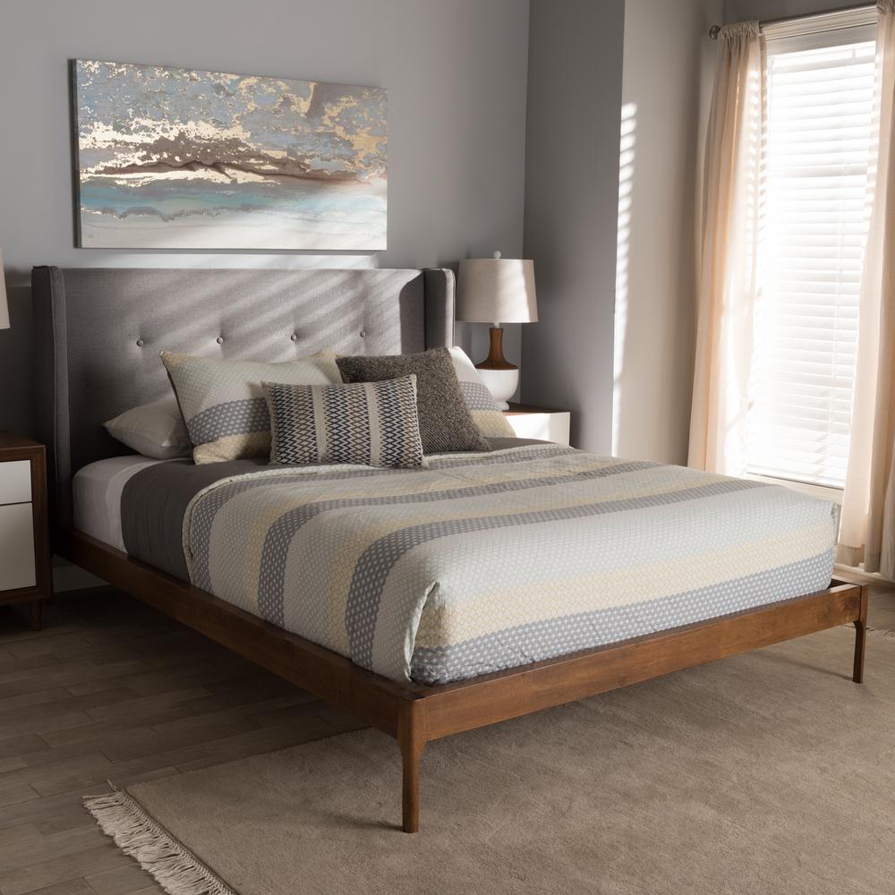 Brooklyn Mid-Century Modern Walnut Wood Grey Fabric King Size Platform Bed. Picture 18