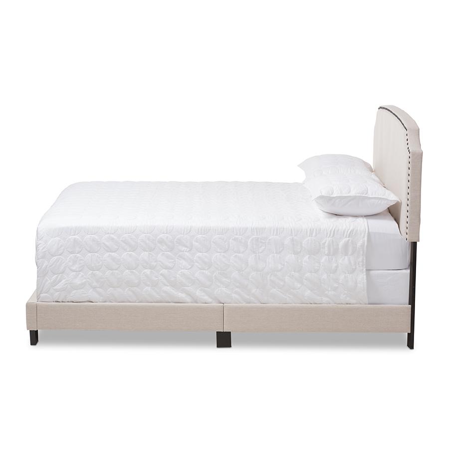 Odette Modern and Contemporary Light Beige Fabric Upholstered King Size Bed. Picture 2