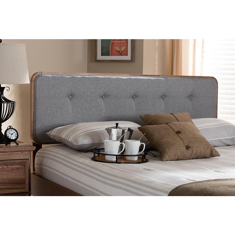 Light Grey Fabric Upholstered Walnut Brown Finished Wood Queen Size Headboard. Picture 4