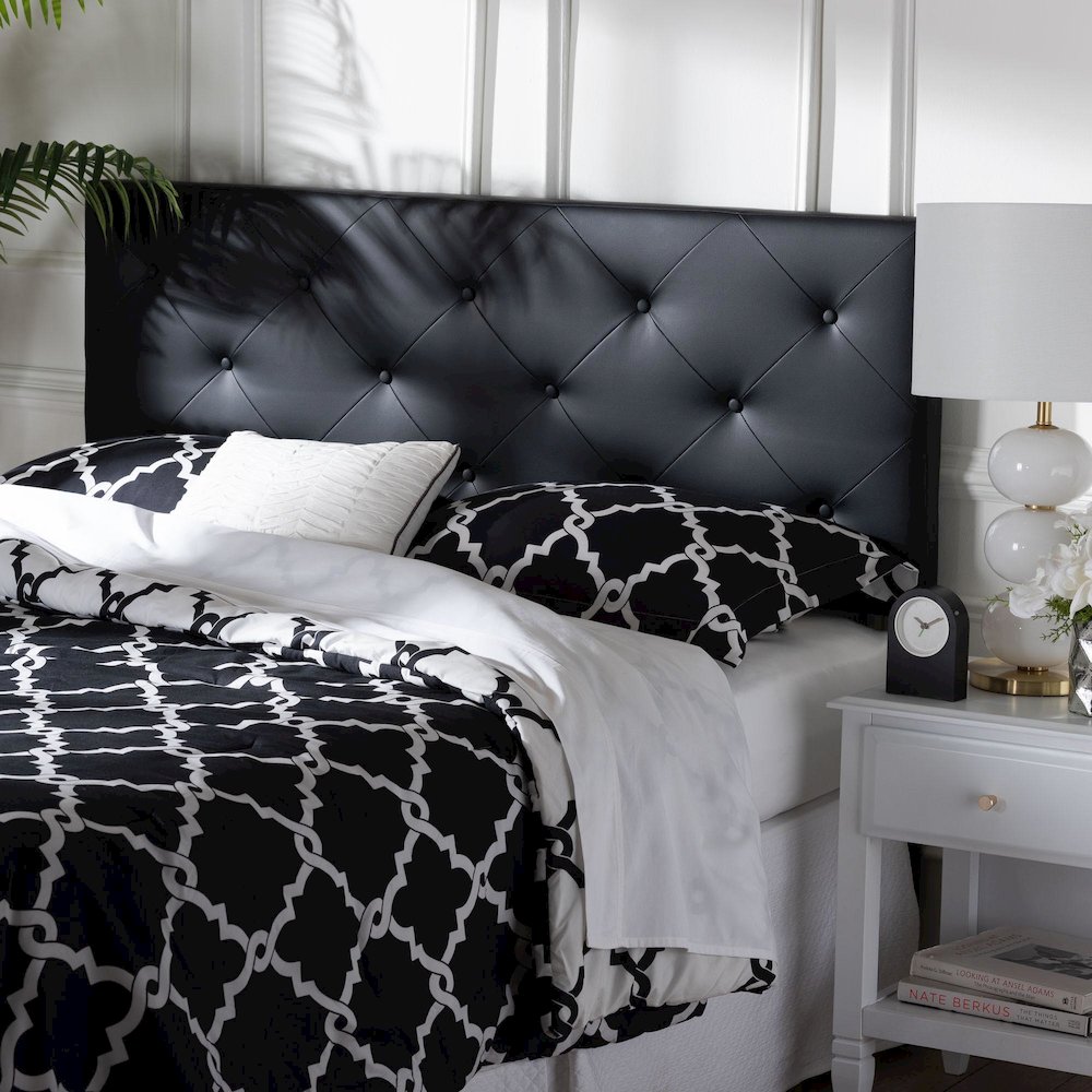Queen Black Faux Leather Upholstered Headboard. Picture 2