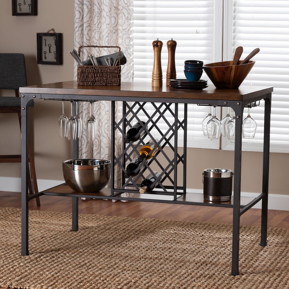 Vintner Industrial Brown and Black Pub Table with Built-In Wine Cage. Picture 7