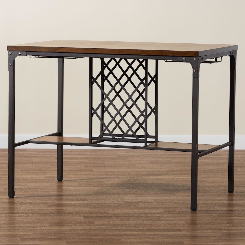 Vintner Industrial Brown and Black Pub Table with Built-In Wine Cage. Picture 8