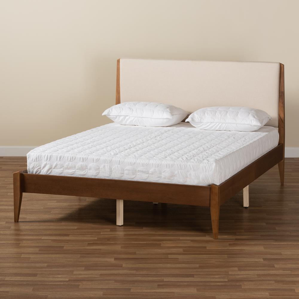 Beige Fabric Upholstered and Walnut Brown Finished Wood King Size Platform Bed. Picture 19