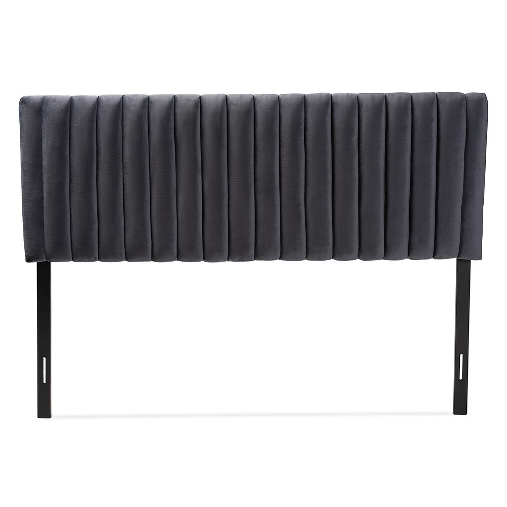 Grey Velvet Fabric Upholstered and Dark Brown Finished Wood Queen Size Headboard. Picture 11