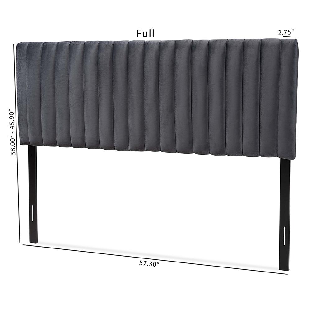 Grey Velvet Fabric Upholstered and Dark Brown Finished Wood Queen Size Headboard. Picture 15
