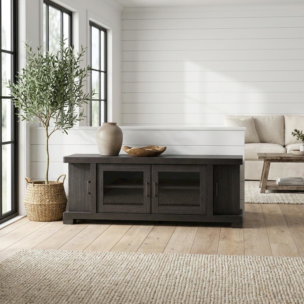 Contemporary Brown Wood TV Stand with Glass Doors and Elegant Finish. Picture 2