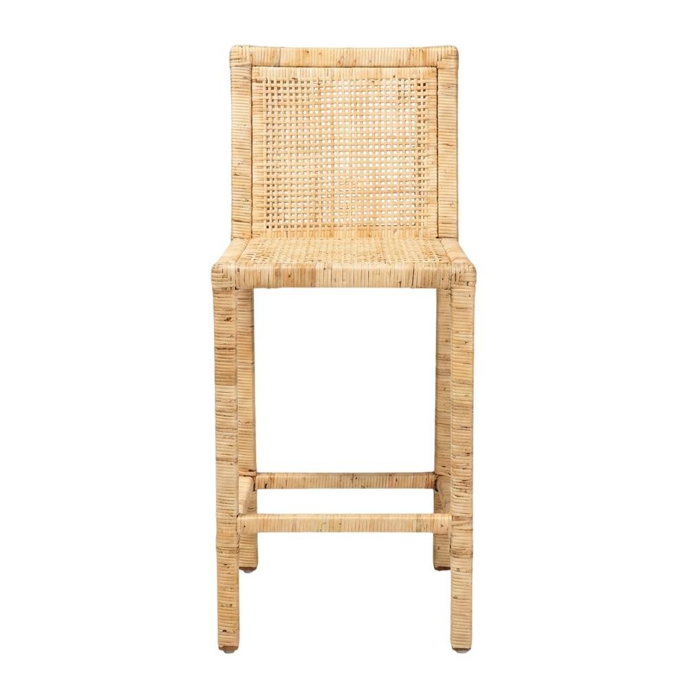 Contemporary Natural Finished Wood and Rattan Counter Stool with Mahogany Frame. Picture 6