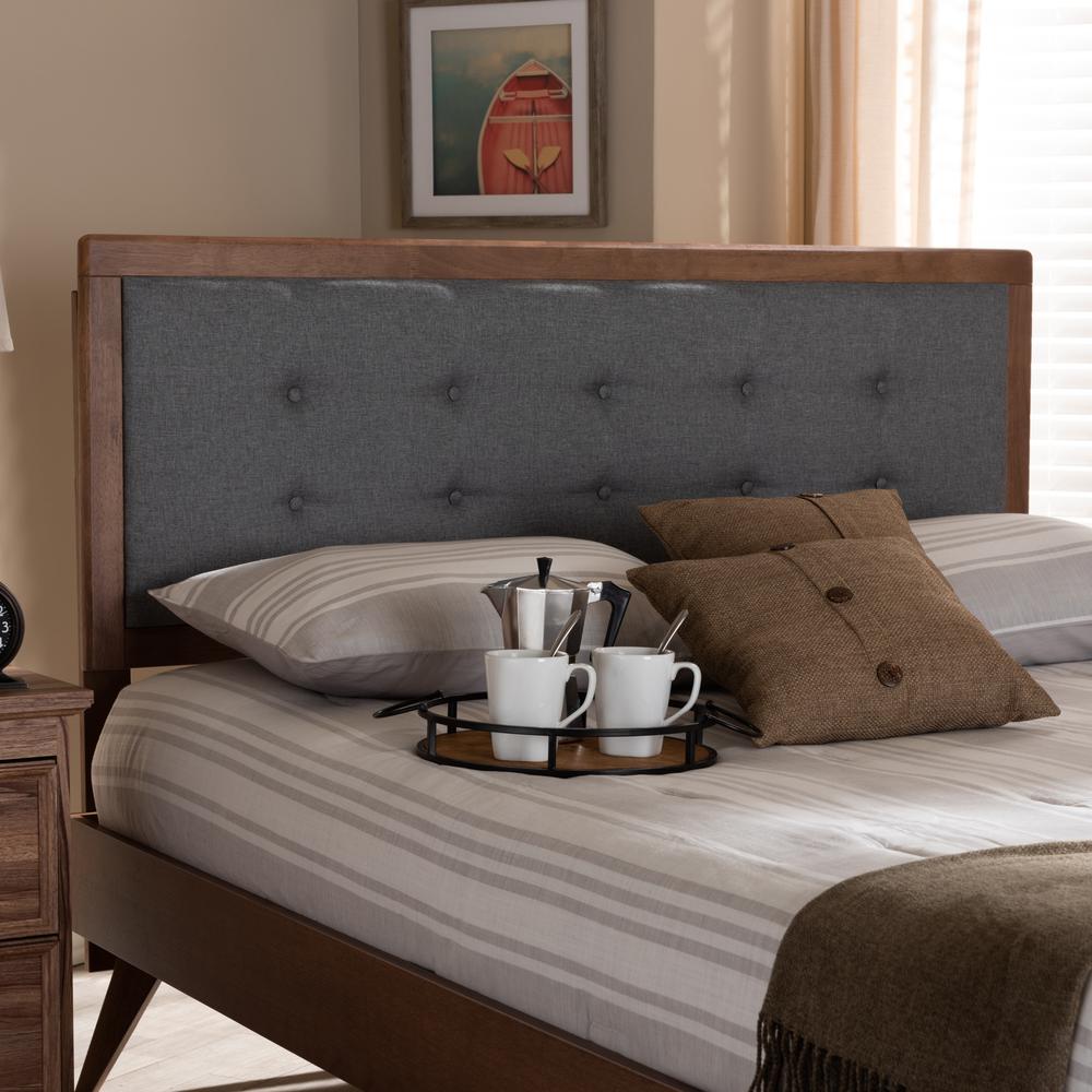 Dark Grey Fabric Upholstered Walnut Brown Finished Wood Queen Size Headboard. Picture 9