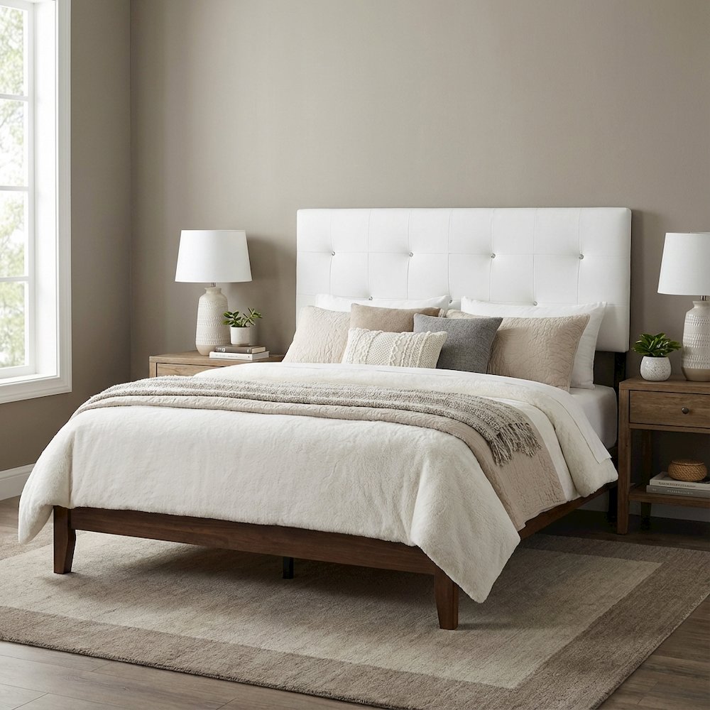 White Faux Leather Headboard Queen Size with PU Foam Padding and Wood Frame. Picture 3