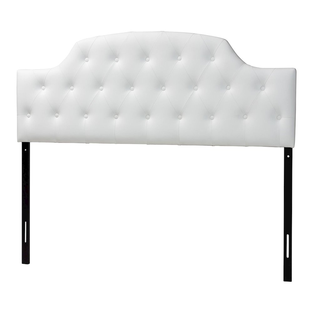 Queen Size White Faux Leather Upholstered Button-tufted Scalloped Headboard. Picture 1