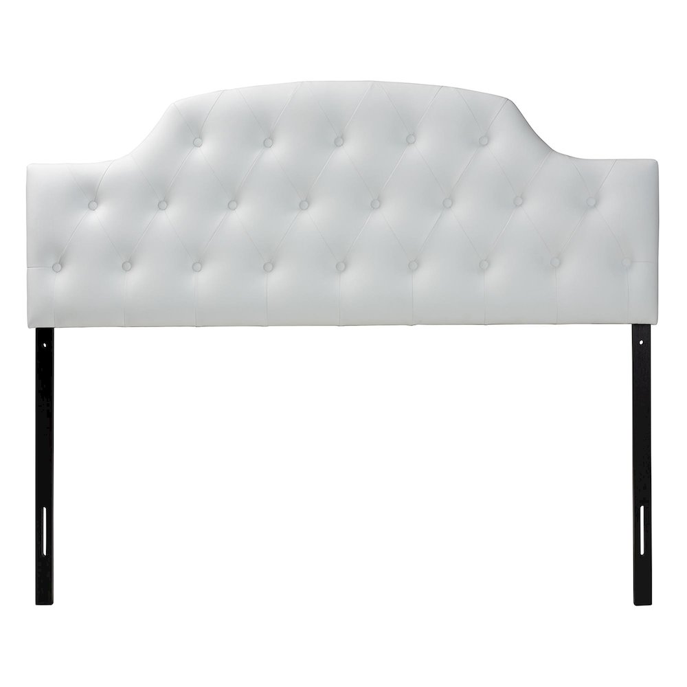 Queen Size White Faux Leather Upholstered Button-tufted Scalloped Headboard. Picture 2