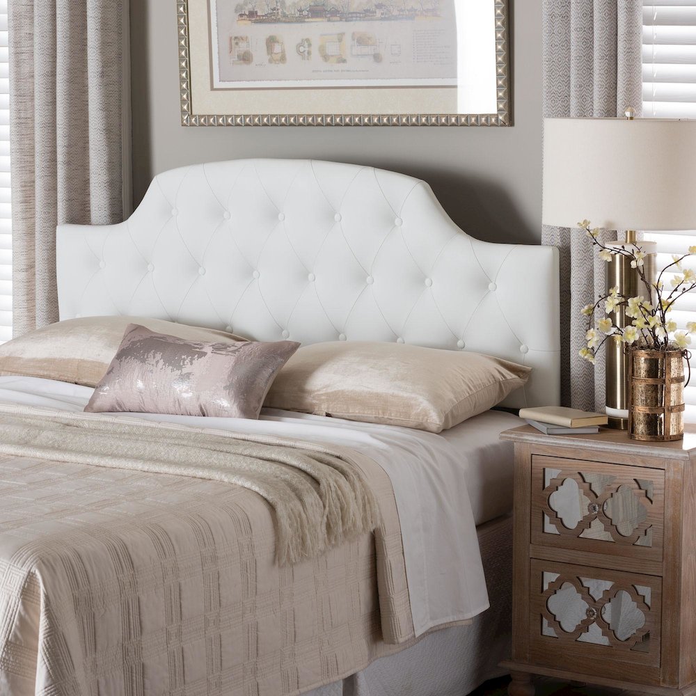 Queen Size White Faux Leather Upholstered Button-tufted Scalloped Headboard. Picture 3