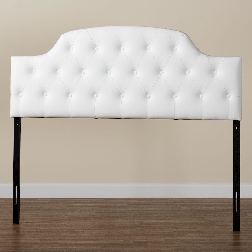 Queen Size White Faux Leather Upholstered Button-tufted Scalloped Headboard. Picture 6