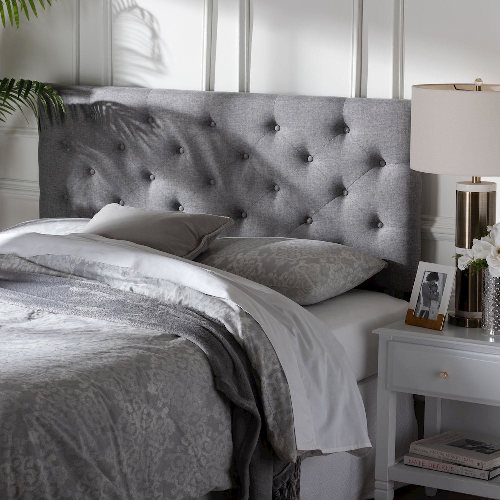 Grey Fabric Upholstered Button-tufted Full Size Headboard. Picture 2