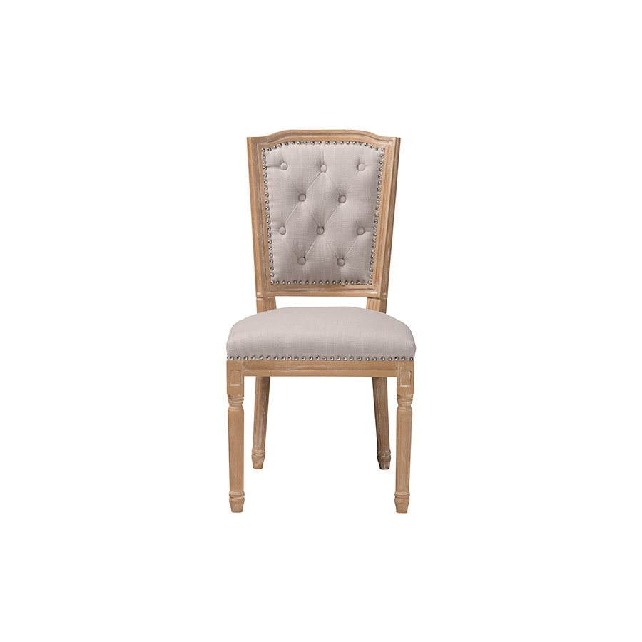 Cottage Weathered Oak Beige Fabric Button-tufted Upholstered Dining Chair. Picture 2