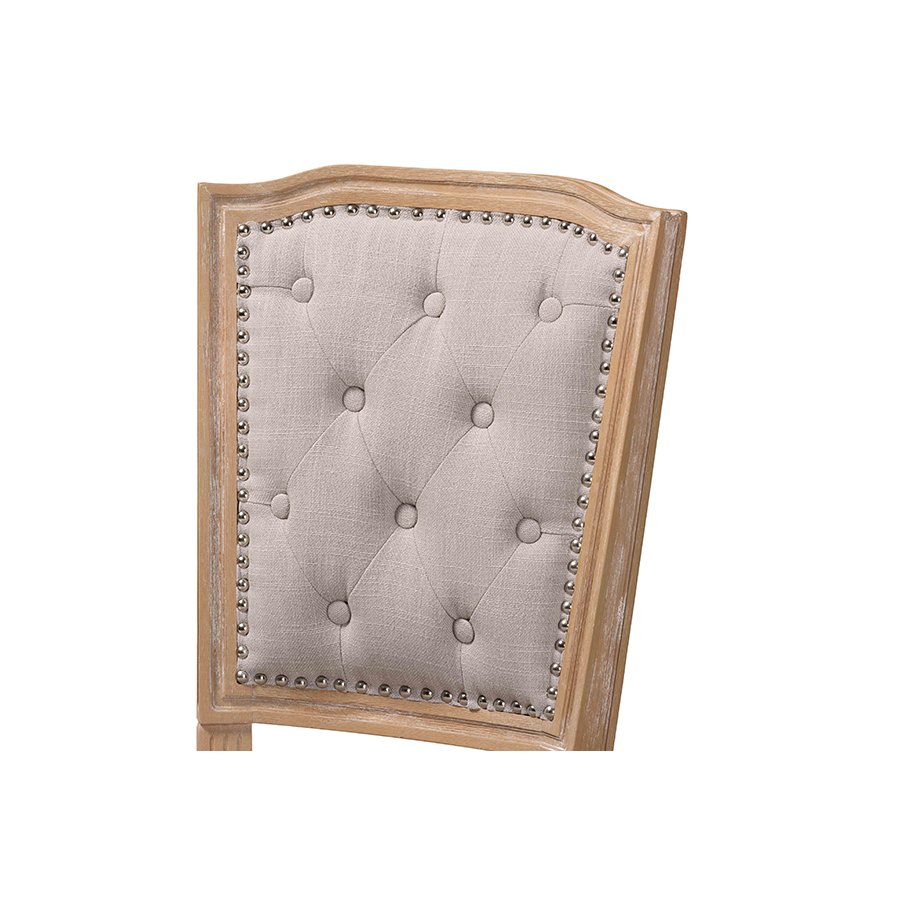 Cottage Weathered Oak Beige Fabric Button-tufted Upholstered Dining Chair. Picture 5