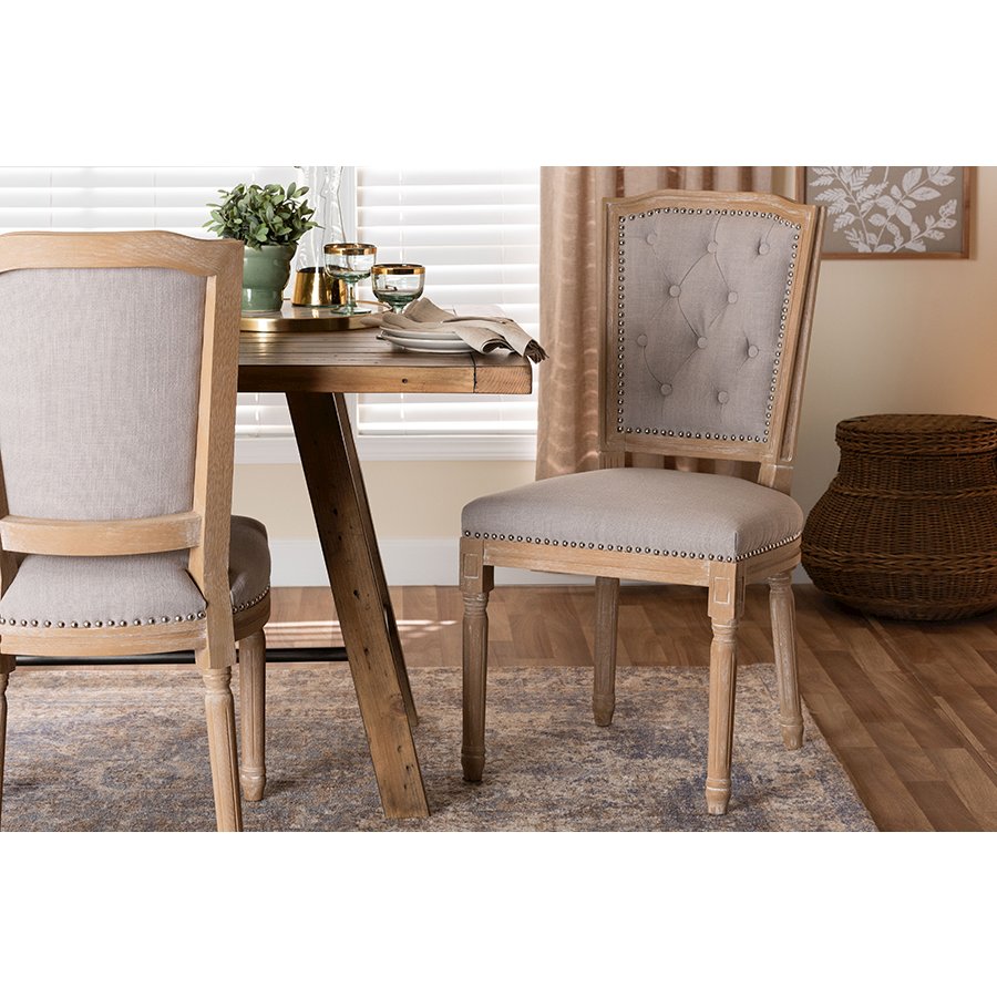 Cottage Weathered Oak Beige Fabric Button-tufted Upholstered Dining Chair. Picture 8