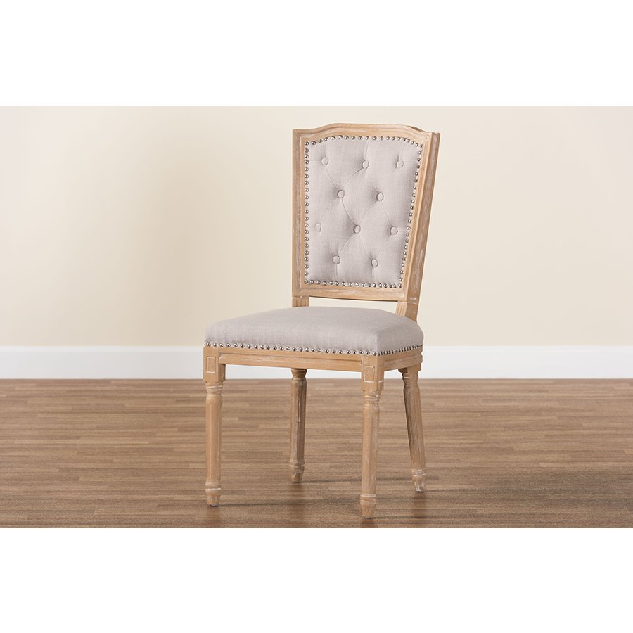 Cottage Weathered Oak Beige Fabric Button-tufted Upholstered Dining Chair. Picture 9